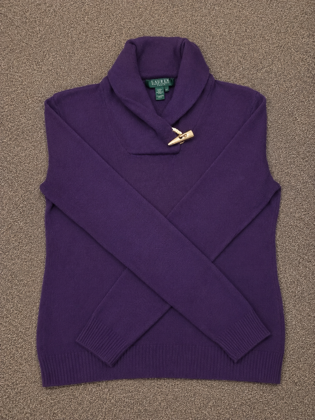 Lauren Ralph Lauren Purple Shawl Collar Sweater with a Gold Clasp