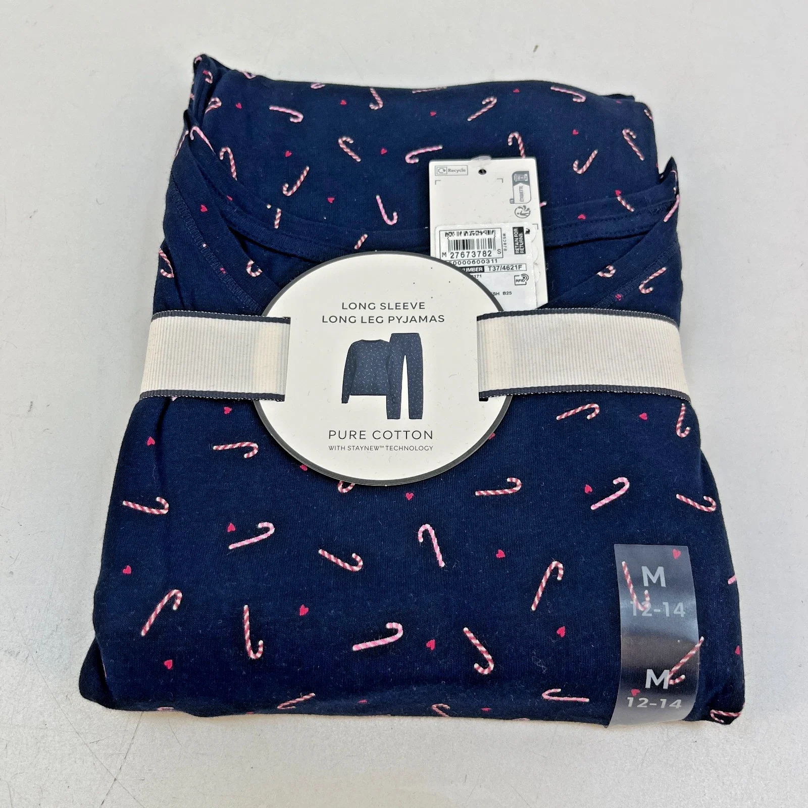 M&S Ladies Pyjama Set UK M 12-14 Navy Candy Cane Long Leg Long Sleeve Xmas BNWT