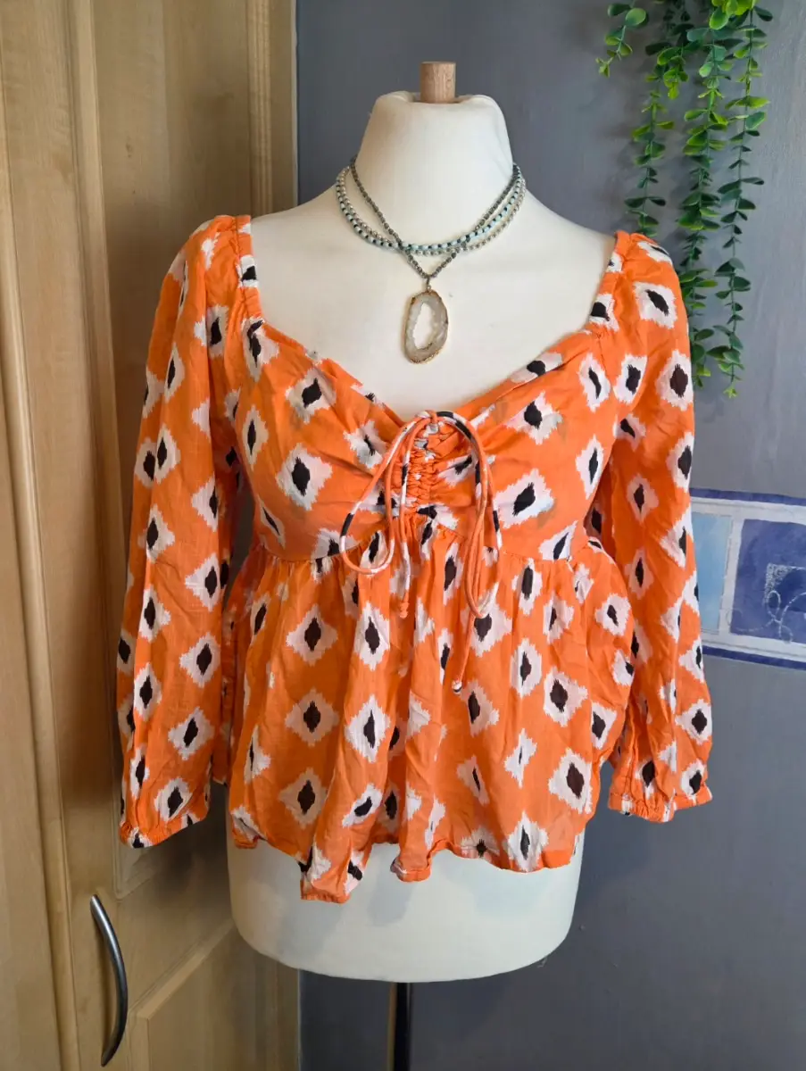 New Look Orange & Black Print Off Shoulder Blouse Top Size 10