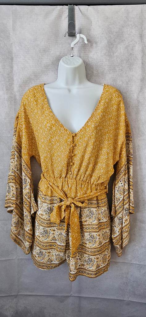 Ebonie N Ivory Mustard Boho Playsuit Kimono Sleeve Tie Waist Size L
