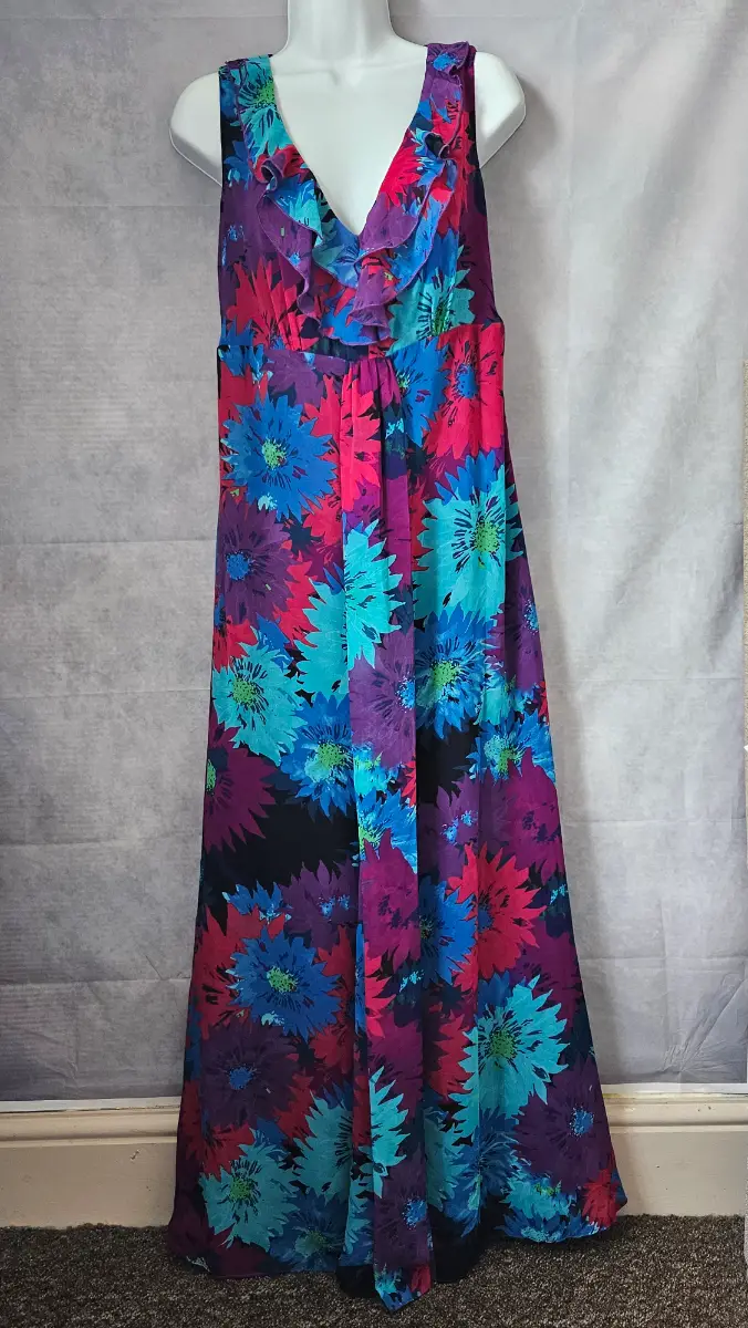 Per Una Purple Floral Maxi Dress UK 14 Long Ruffle V Neck Summer Holiday
