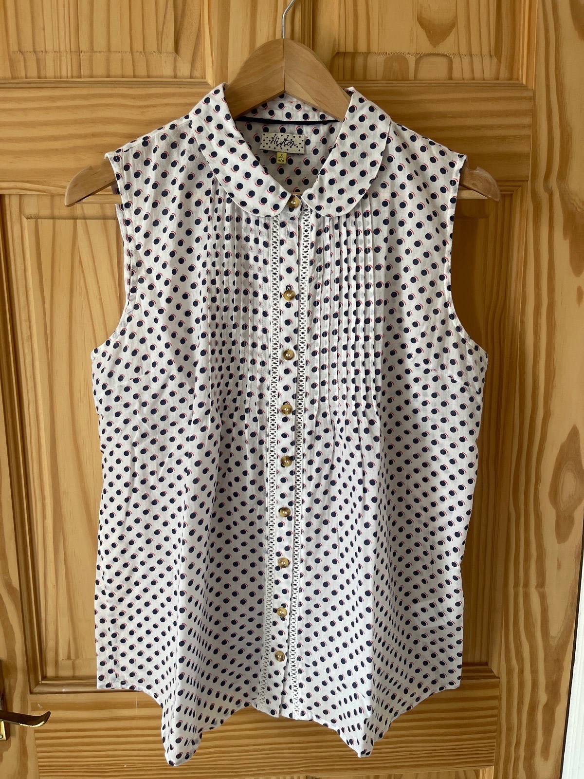 Heyton white blouse,  blue and red polkadot pattern.