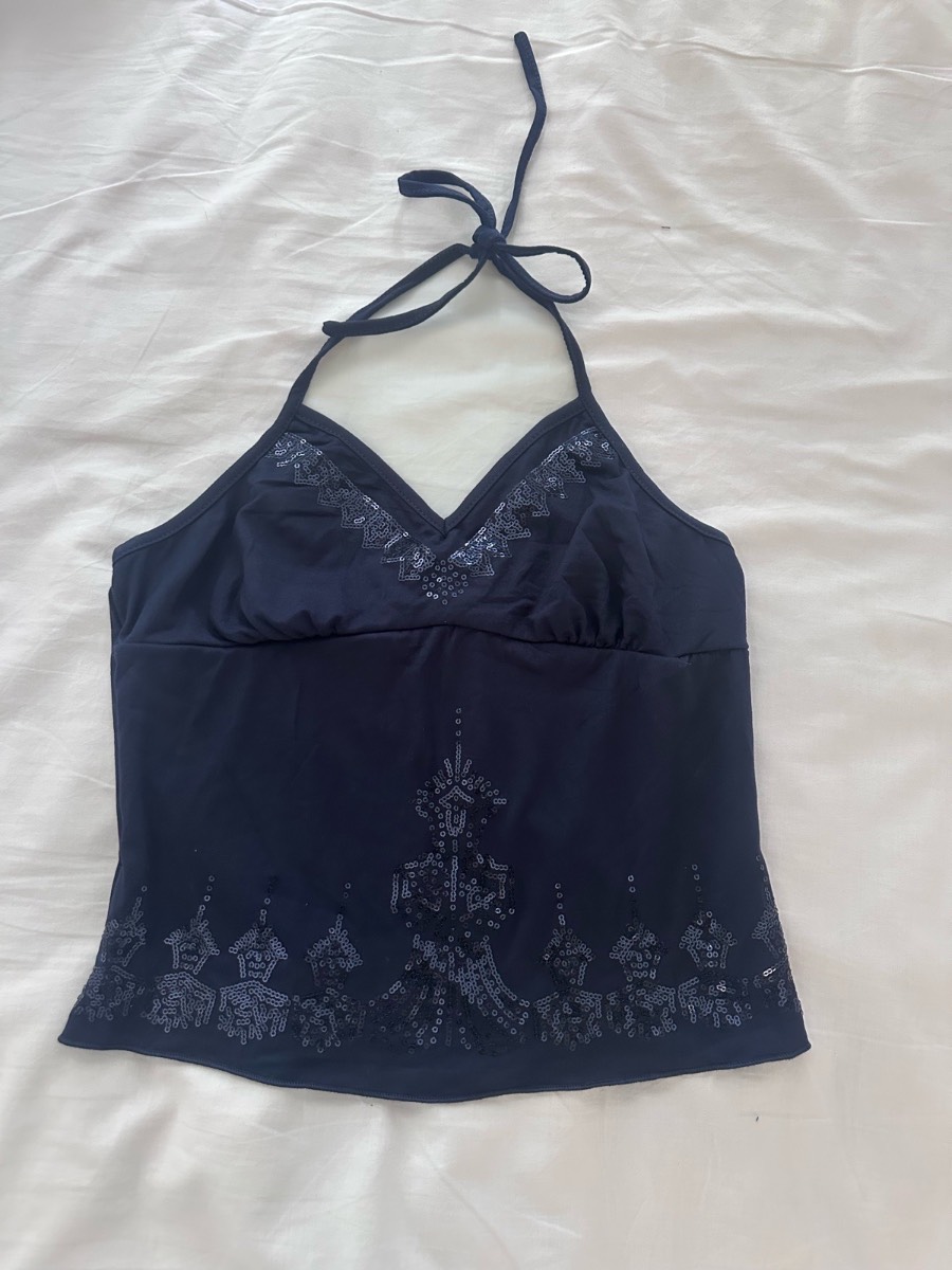 Y2K Navy Blue Sequin Halterneck Cami Top Party Festival Clubwear