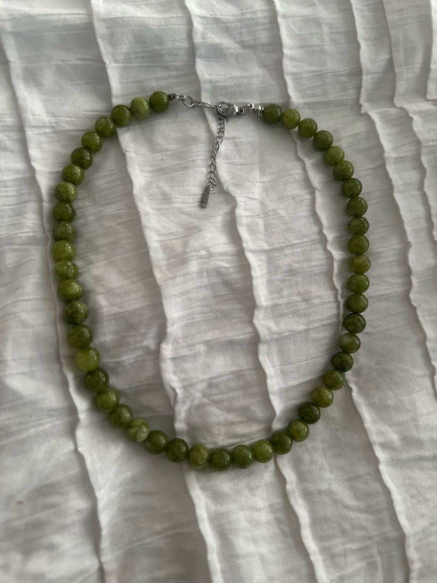 Y2K Green Beaded Stone Necklace Aesthetic Boho Indie Fairycore Choker
