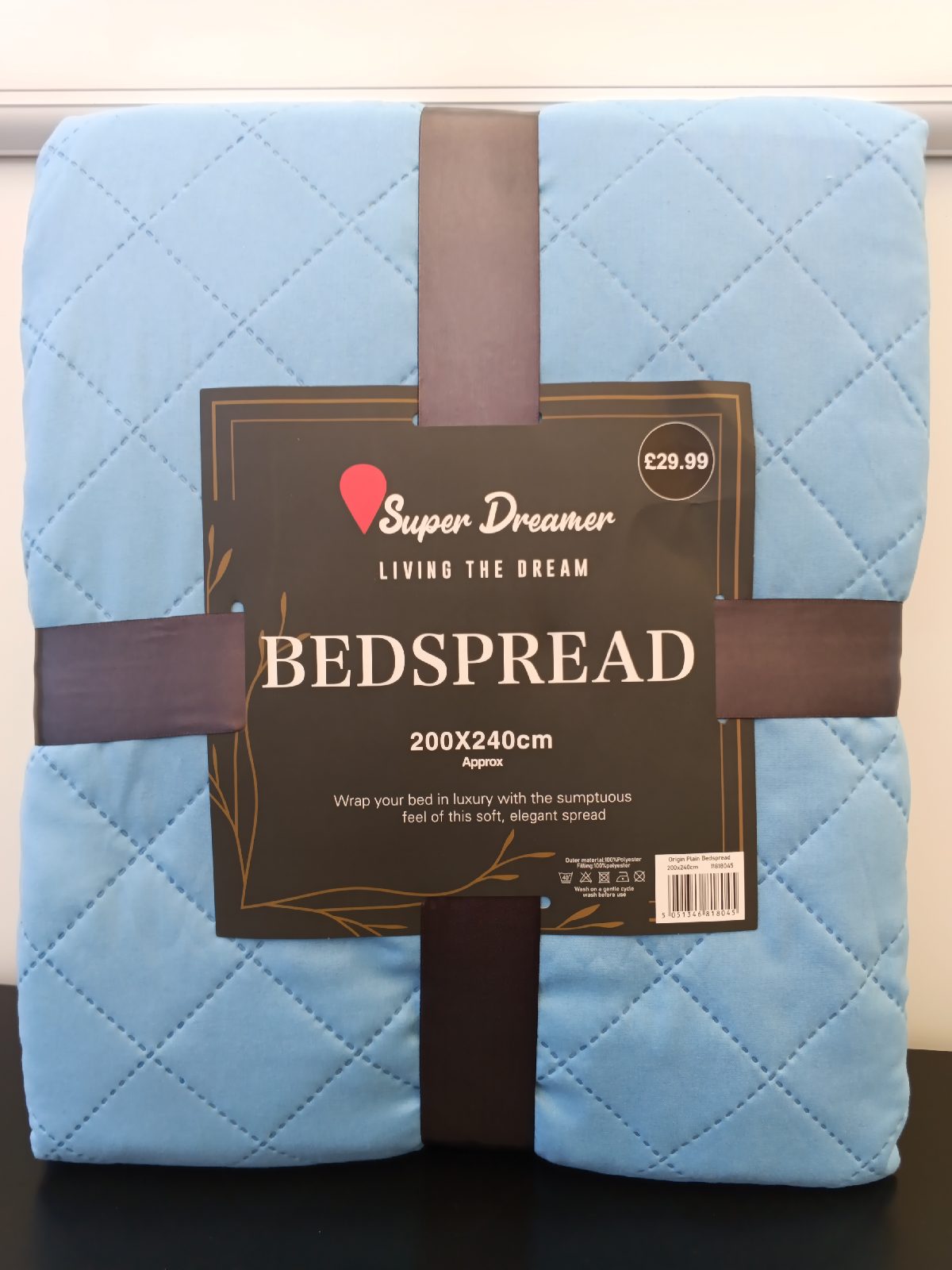 ​Super Dreamer Origin Plain Light Blue Quilted Bedspread Throw 200 x 240 cm