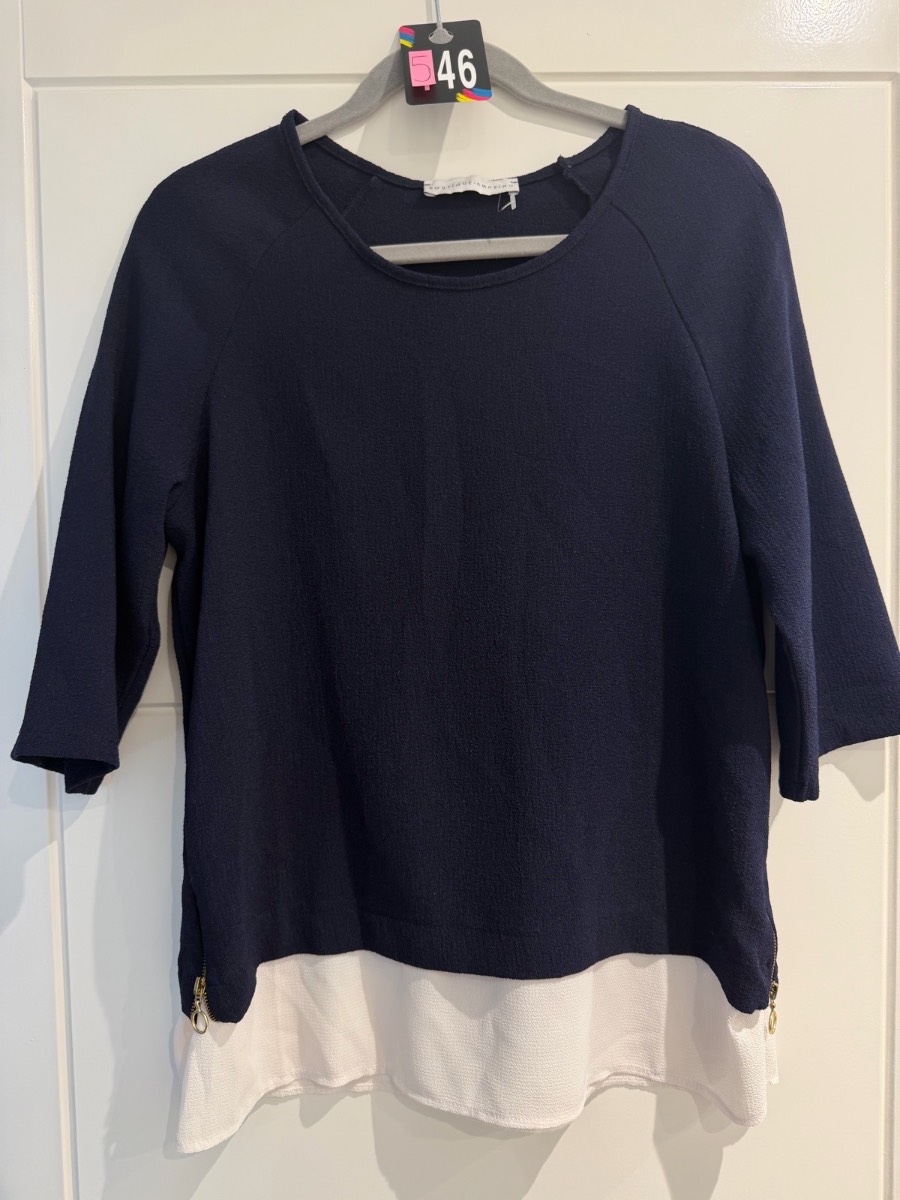 Made in Italy Navy top, side zips and white blouse effect hem, one size (12-16) - Preloved 546
