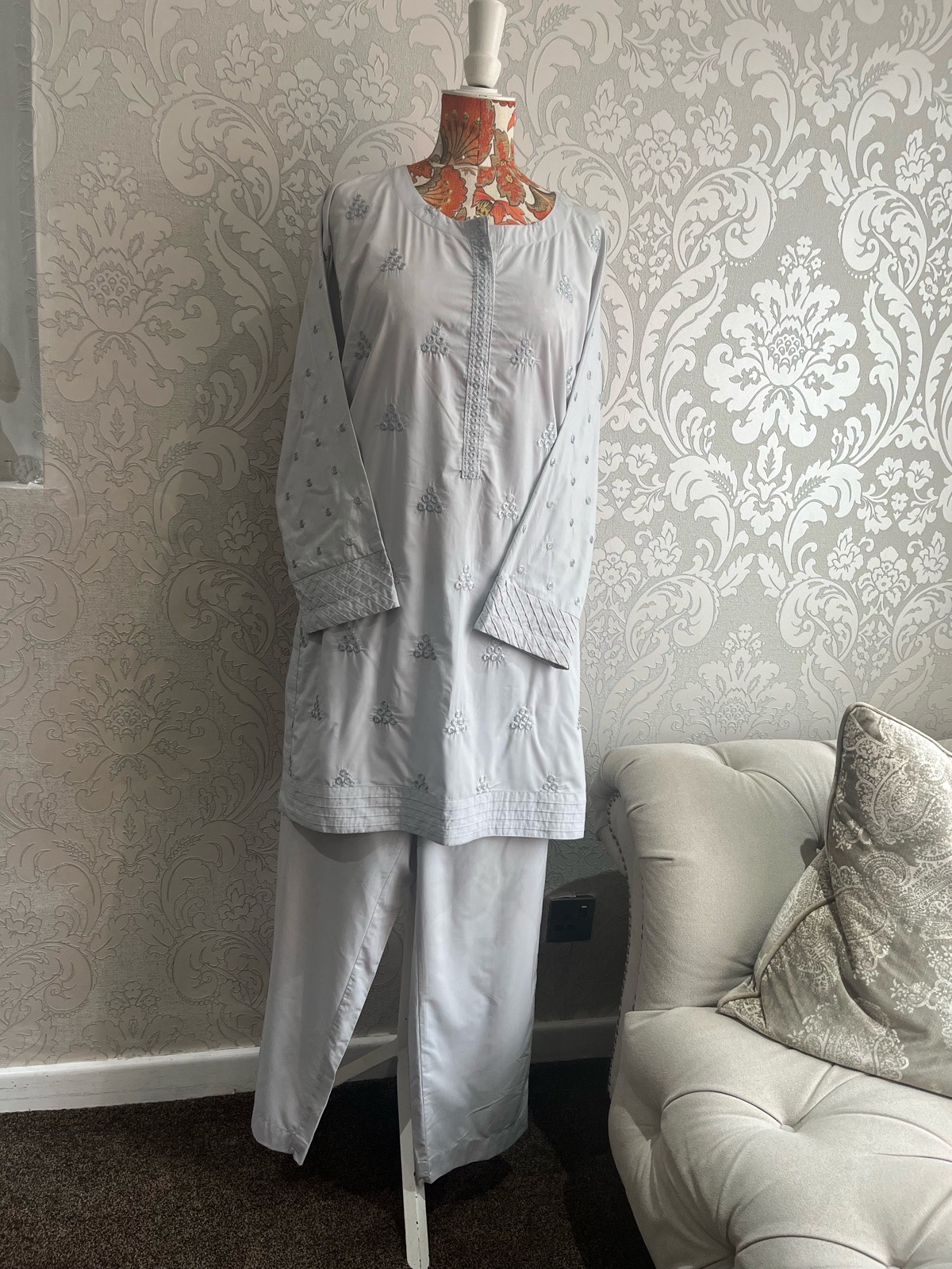 Khaadi light grey embroidered kurta and trousers size 16
