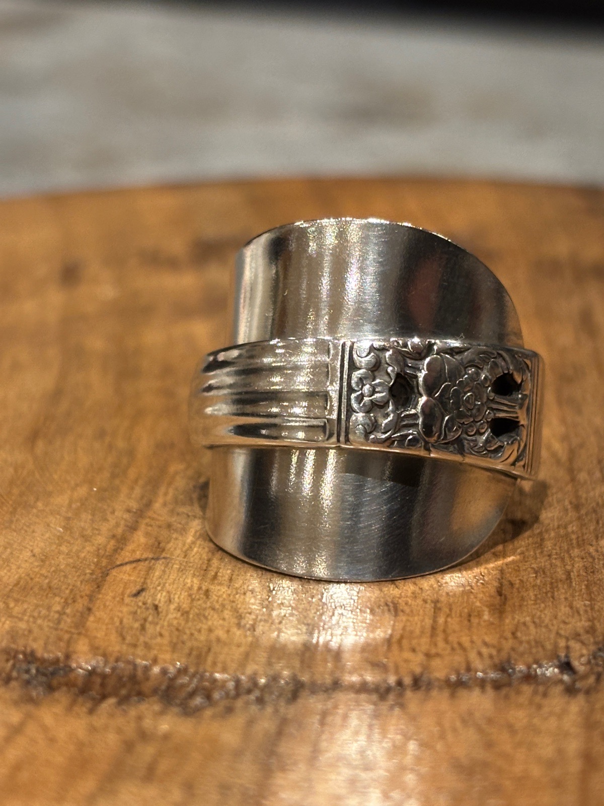 Vintage silver plated floral wrap spoon ring