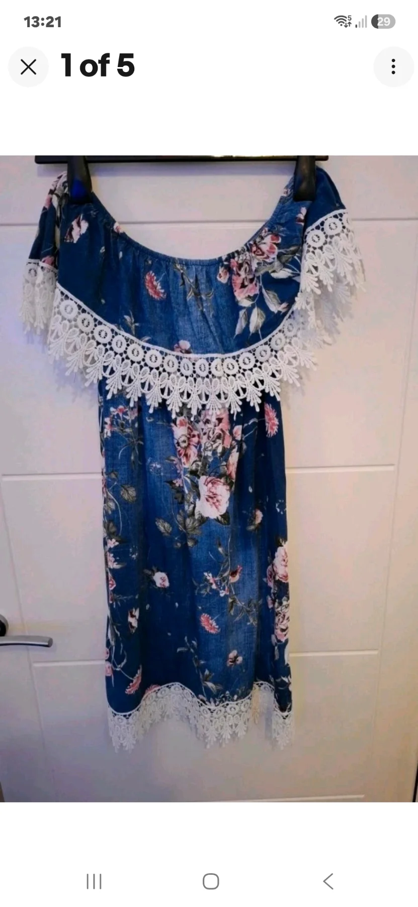 Made in Italy lds blue/multi-coloured floral white lacy trimmed dress size small