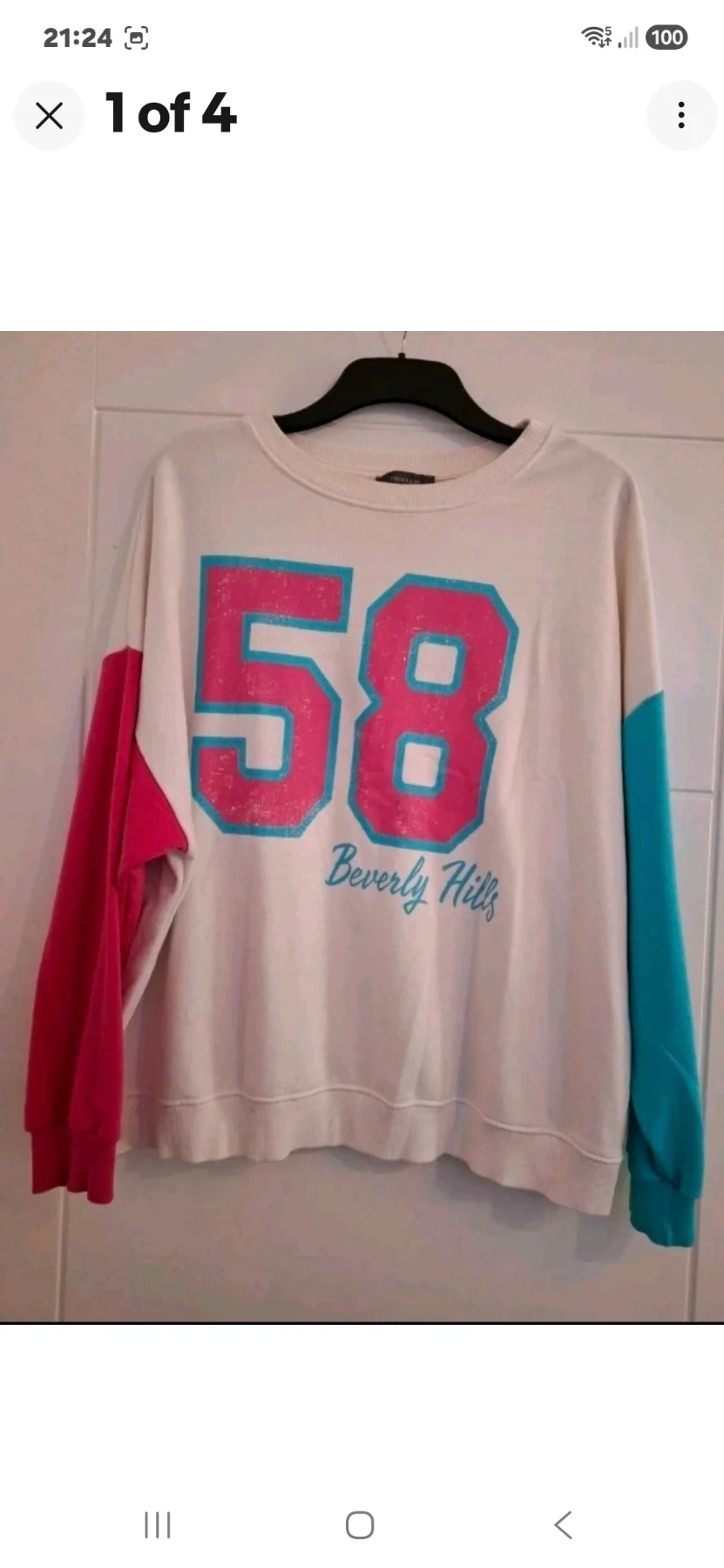 Primark ladies white/turquoise/pink summer modern jumper logo'd size 12-14 med
