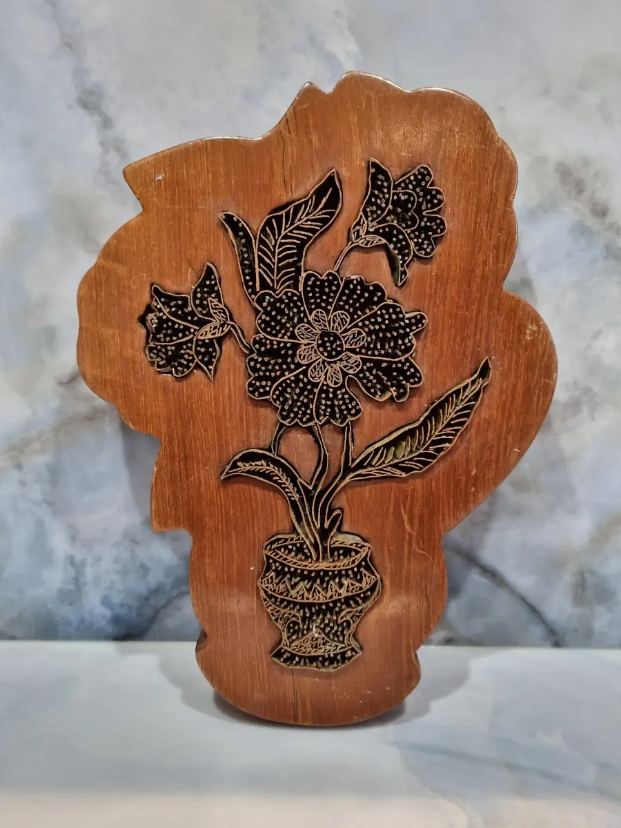 Large Vintage Indonesian Wooden Wall Plaque - Floral Batik Design | Boho | Folk Art