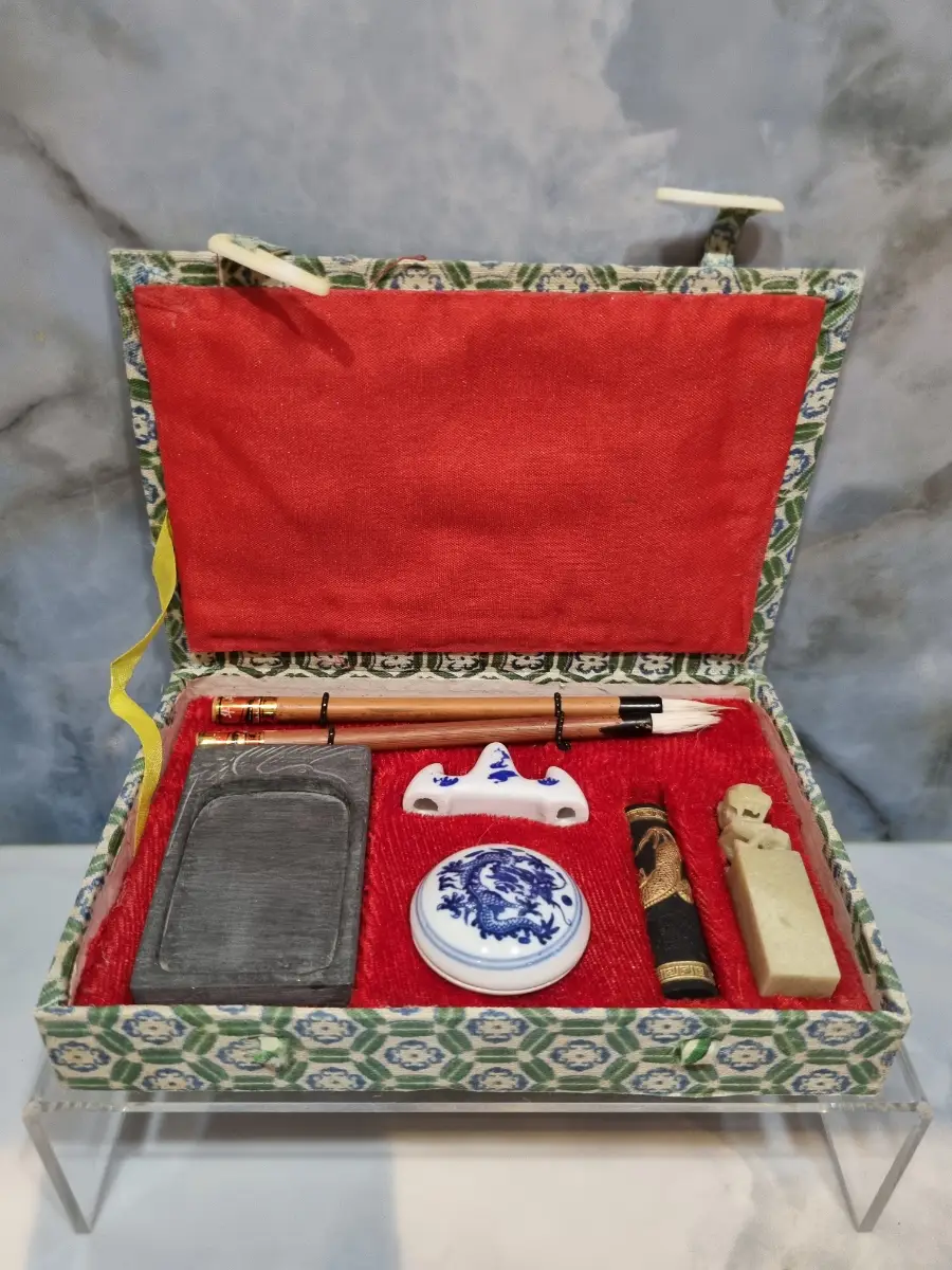 Vintage Chinese Calligraphy Writing Set with Fabric Presentation Box