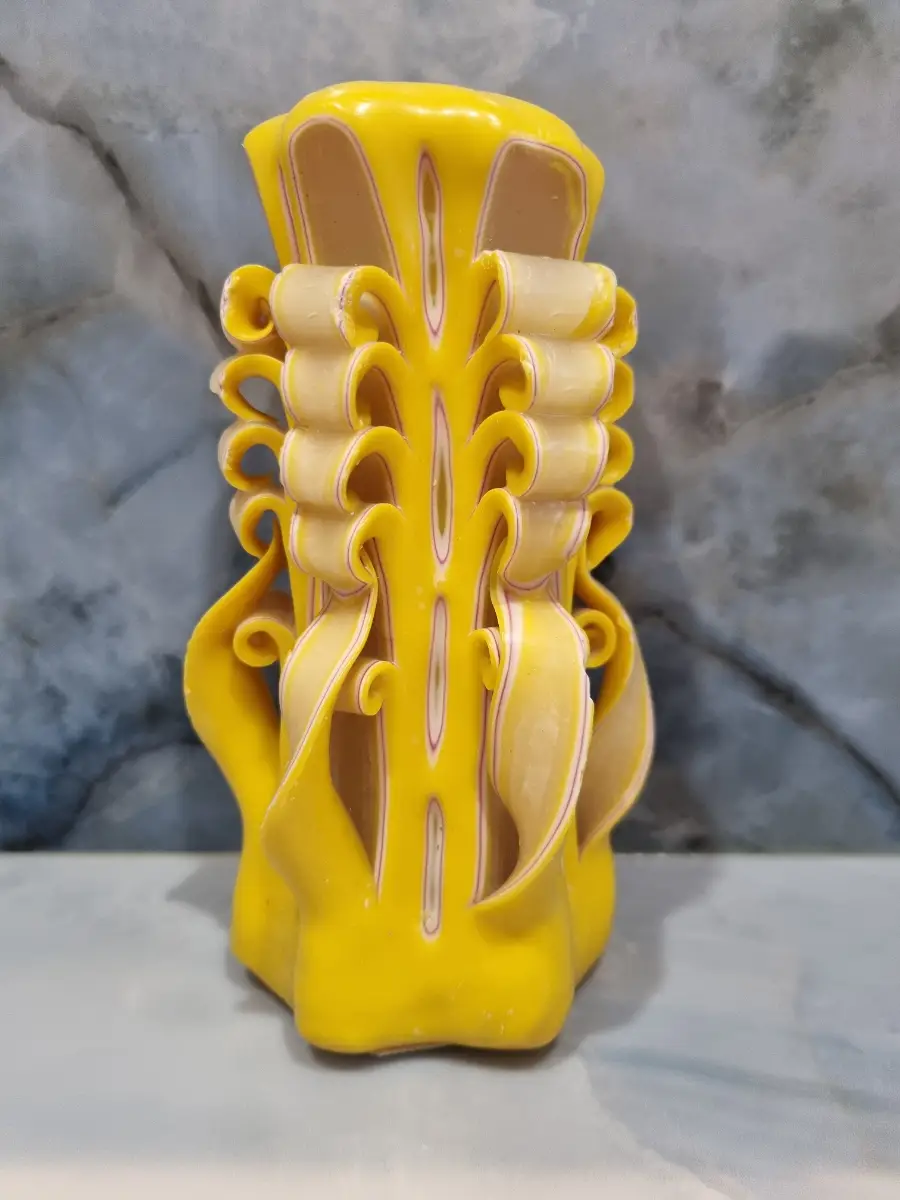 Vintage Artisan Hand Carved Ribbon Candle 18cm Yellow Ornate Home Decor (Unburnt)