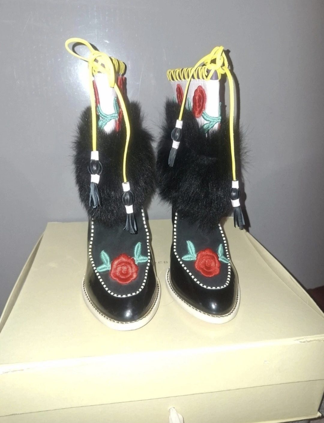 Sophia Webster “Anouschka" Shearling-Trimmed Embroidered Leather-and-Suede Boots