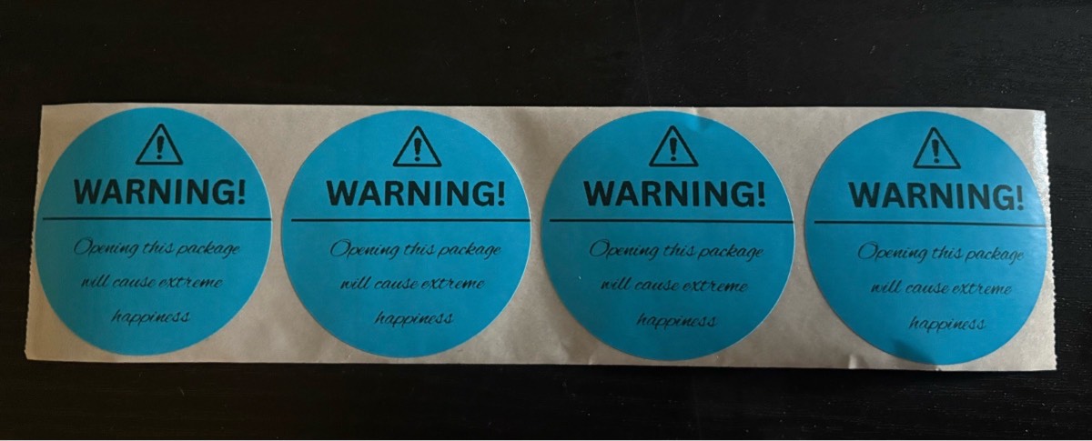 20 Blue 2" Parcel Stickers - warning! Opening this package will cause extreme happiness