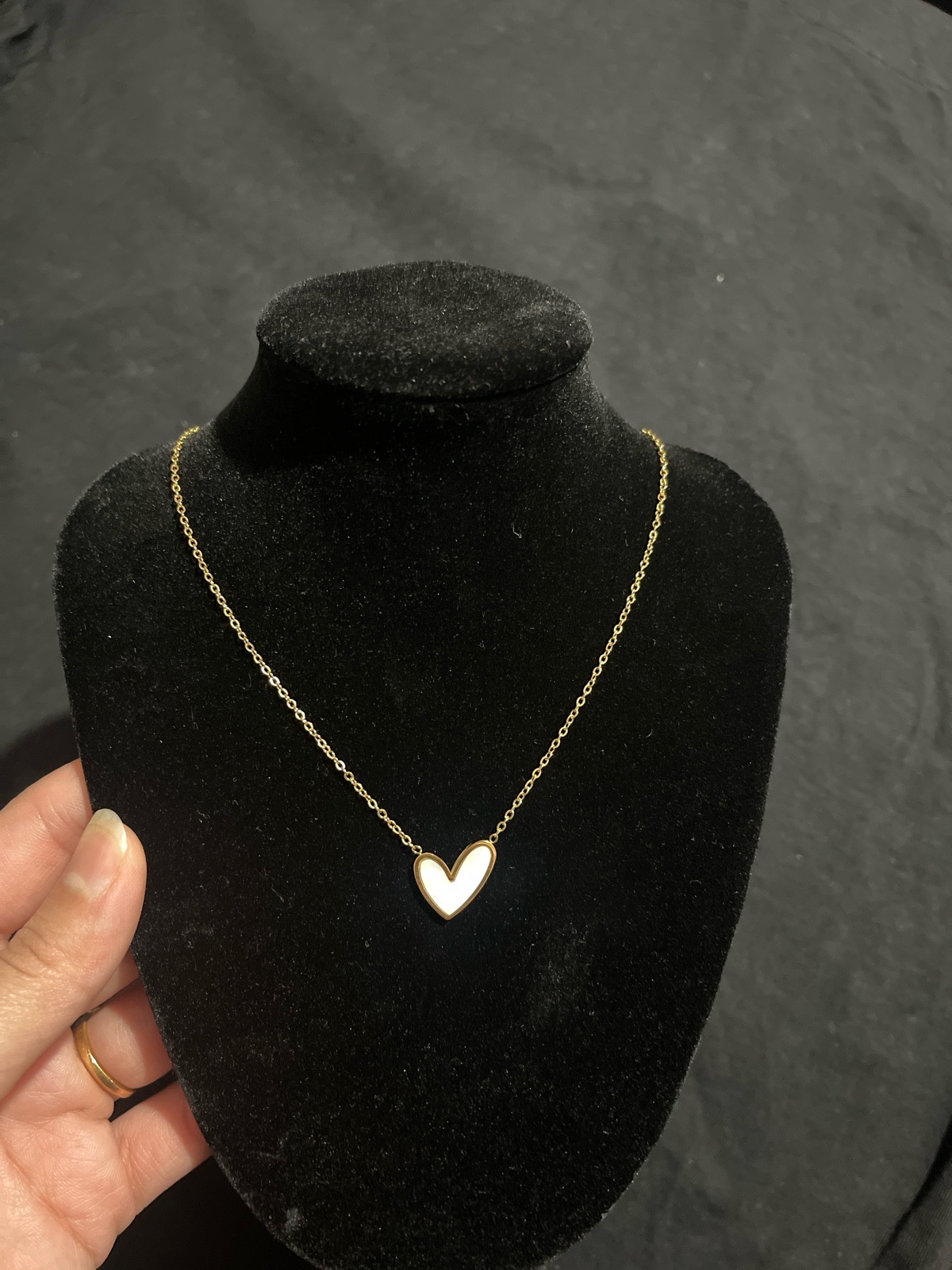 Gold Tone White Heart Pendant Necklace — Stainless Steel Dainty Chain