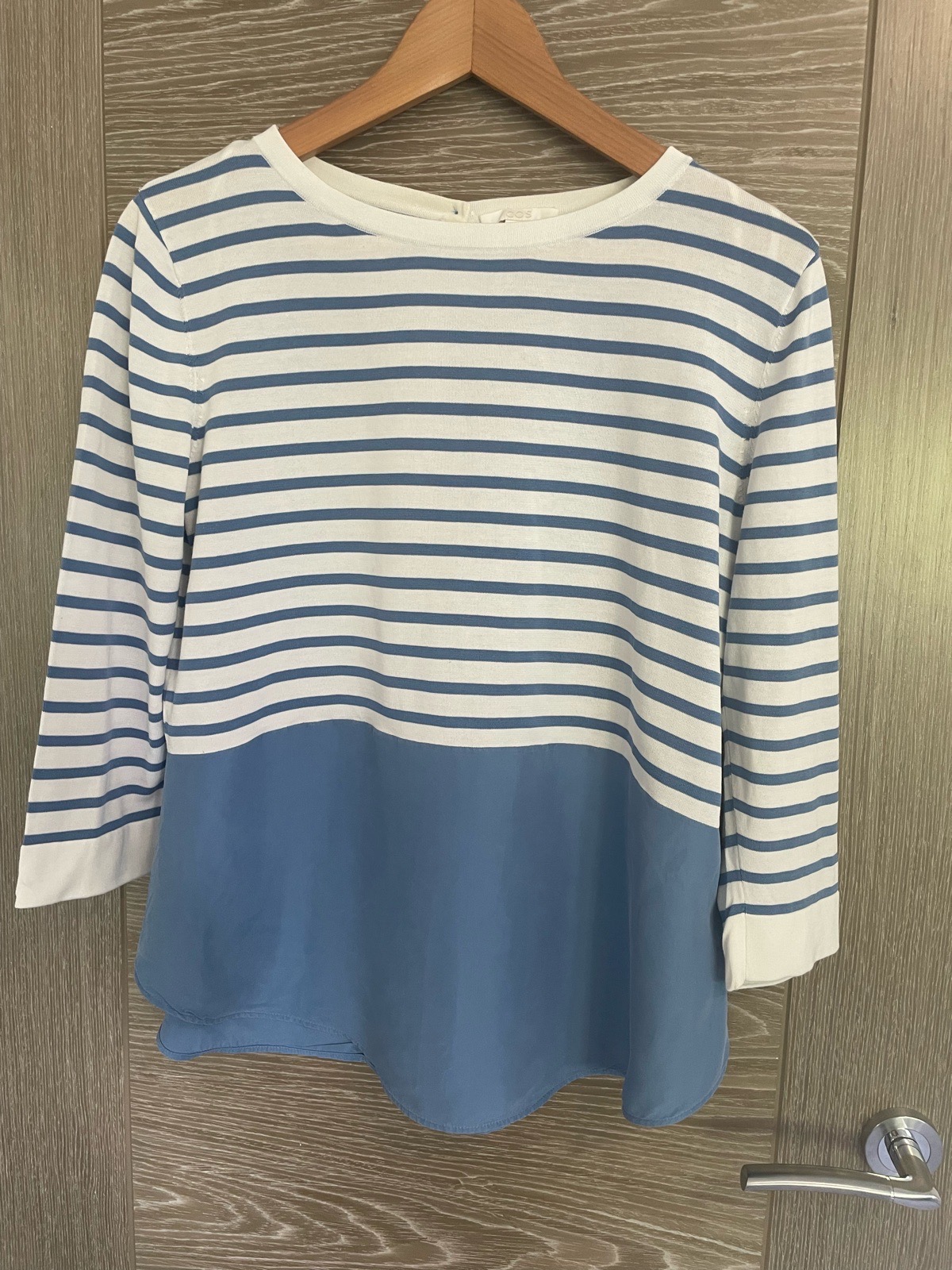 Amazing COS Blue & White Breton Stripe Silk Hem Lightweight Relaxed Casual Top - Size S