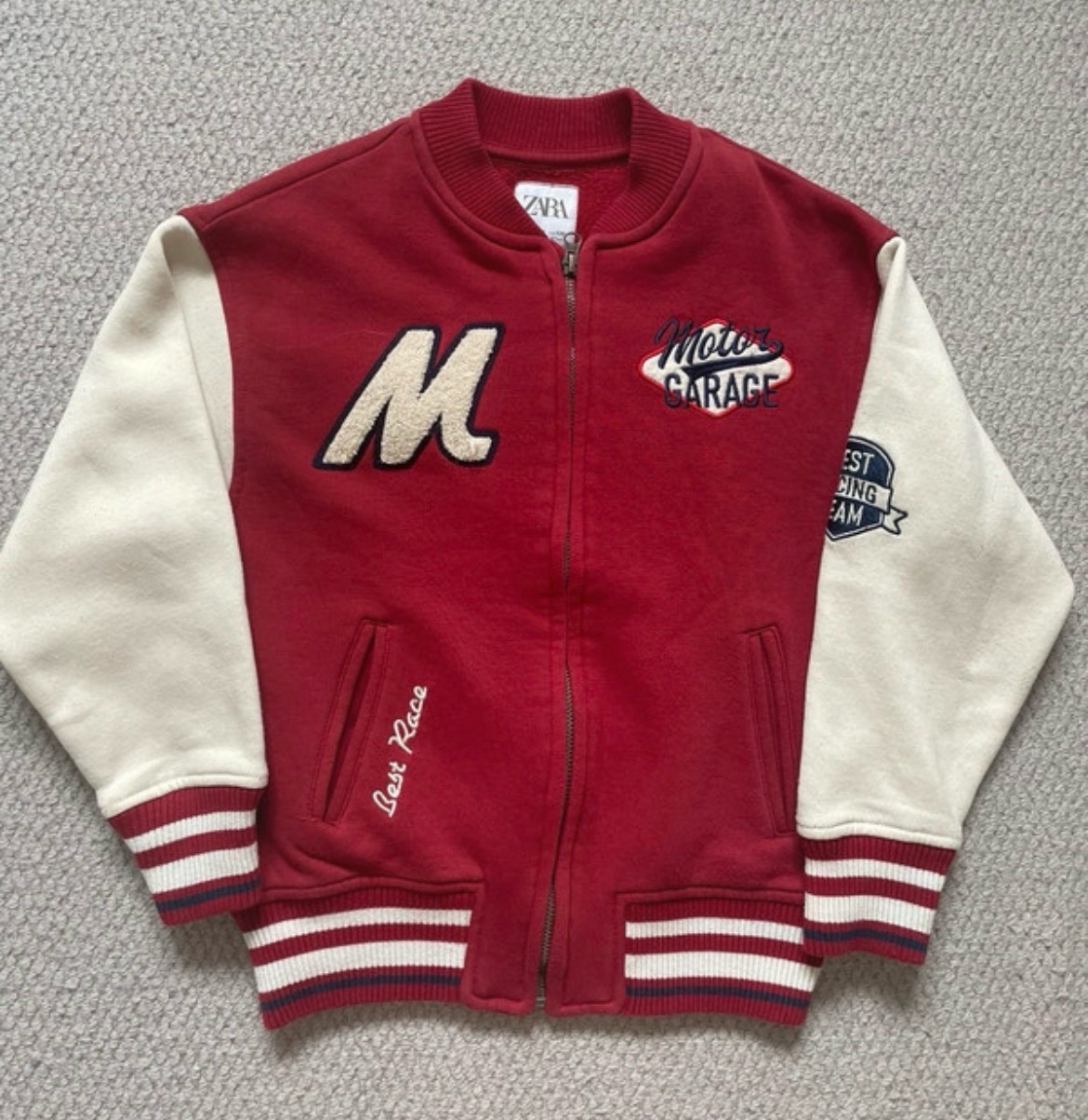 Amazing Zara Boys Red Motor Garage Varsity Casual Relaxed Retro Bomber Jacket - Age 8-9