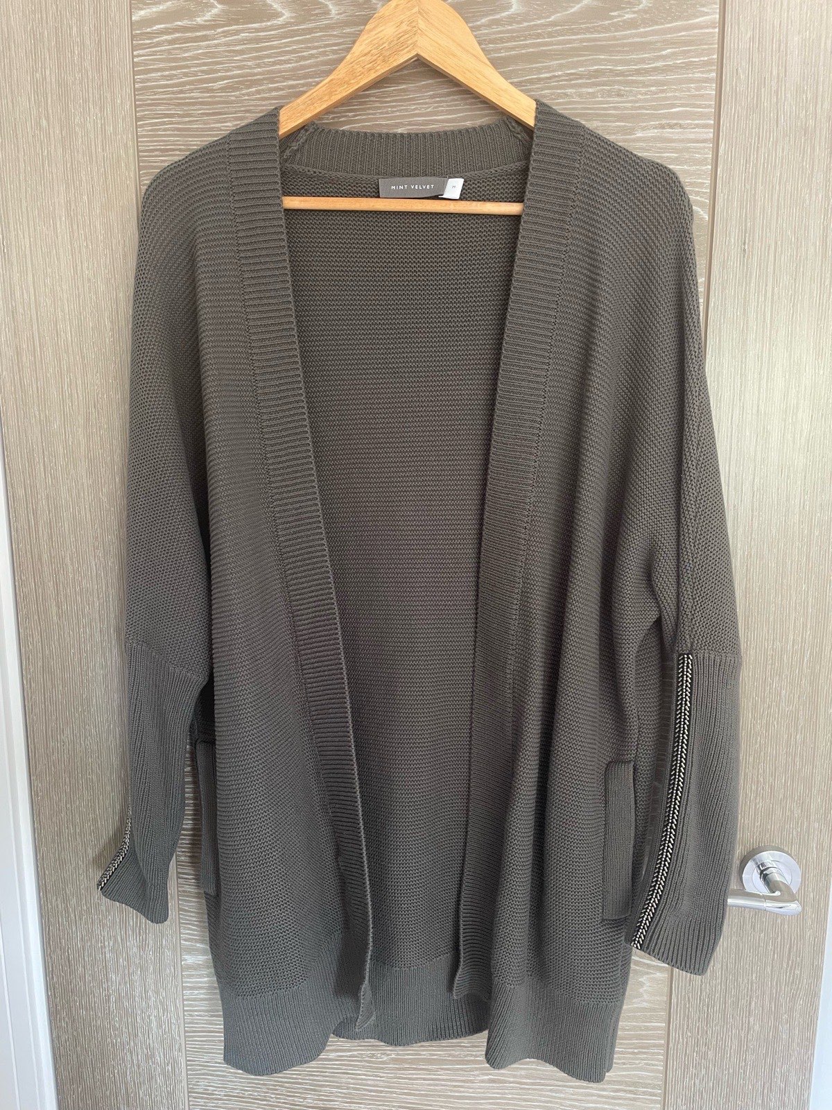 Amazing Mint Velvet Khaki Long Open Relaxed Casual Pockets Autumn Layering Cardigan - Size M