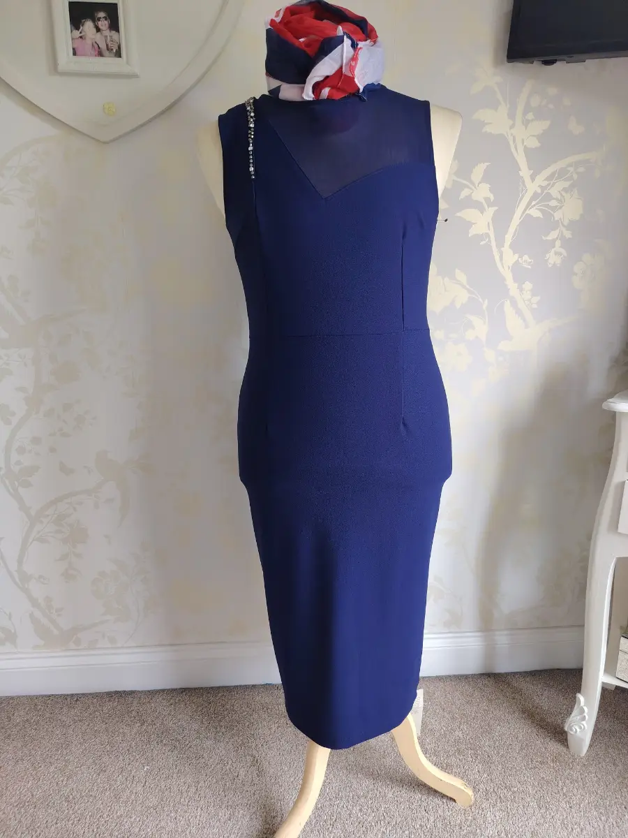 Navy midi pencil dress sheer neckline diamanté detail