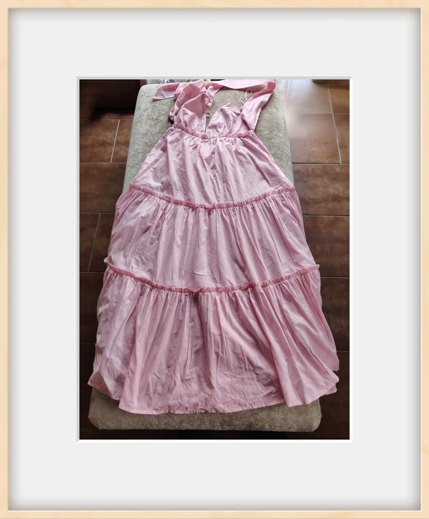 Pink tiered ruffle maxi dress bow straps cottagecore boho summer
