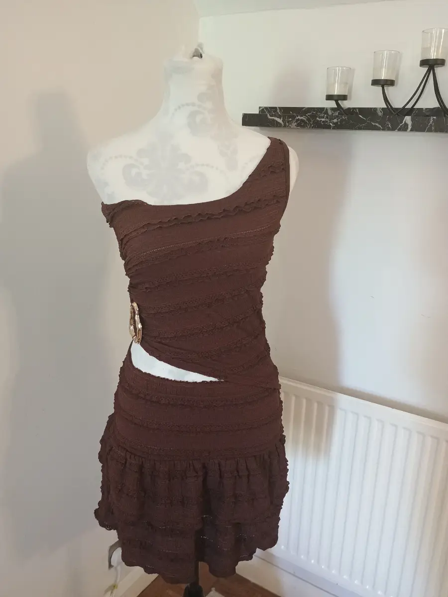 Unbranded Ladies Chocolate Brown Crop Top & Skirt Set Size S Excellent Condition