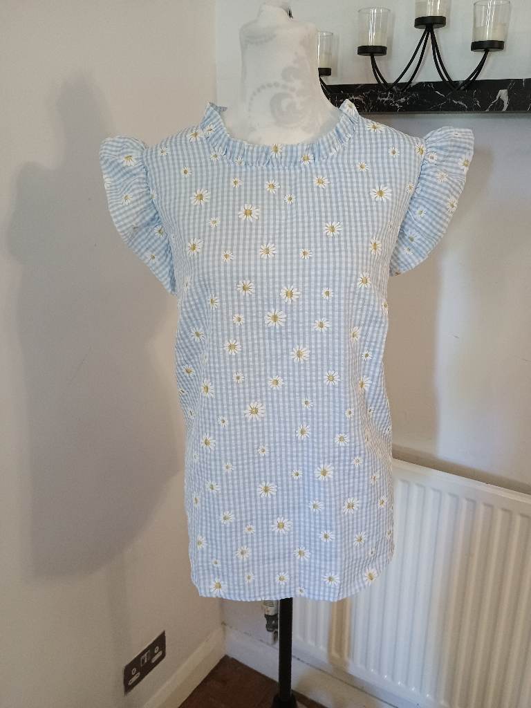 Ladies Light Blue Daisy Gingham Pattern Blouse Size XL