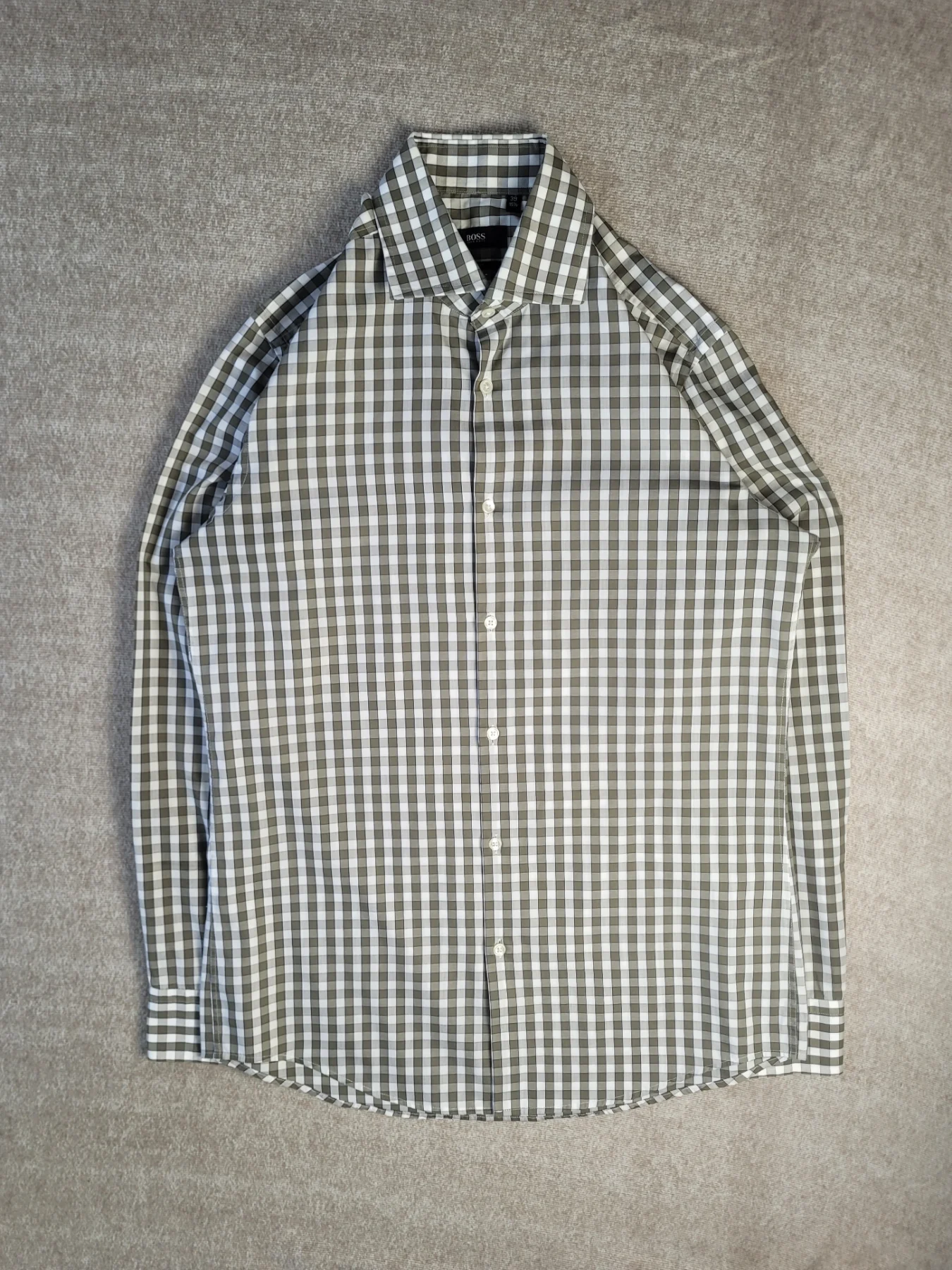 Hug Boss Shirt Mens Size 39 15 1/2 Slim Fit Check Green White Long Sleeve Button Up