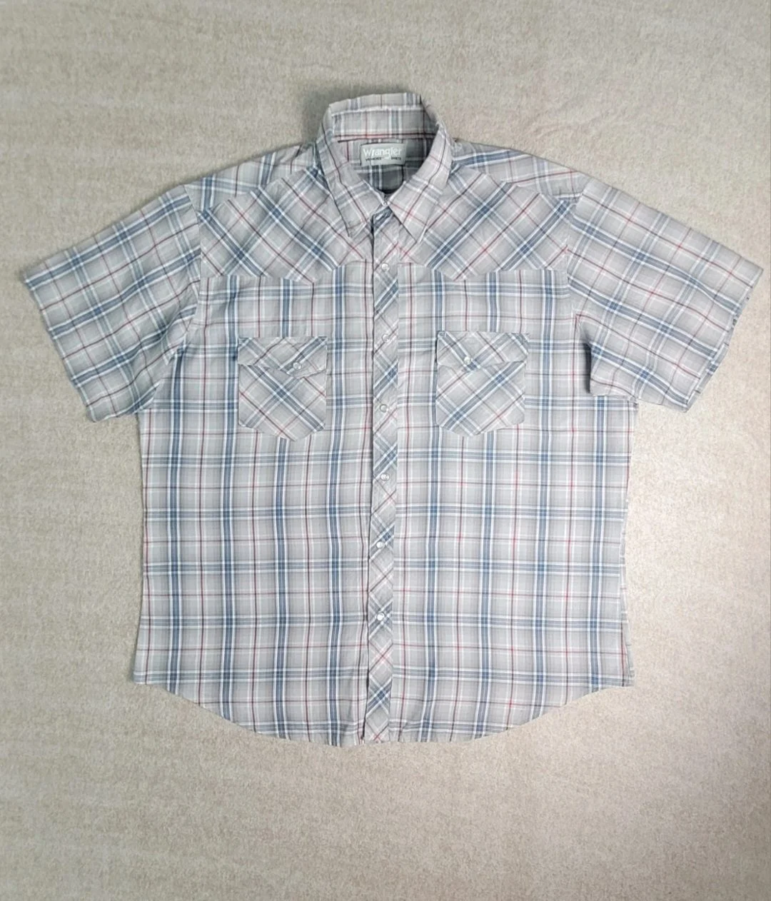 Wrangler Shirt Mens Size XL Check Shirt Button Up Short Sleeve Grey Blue