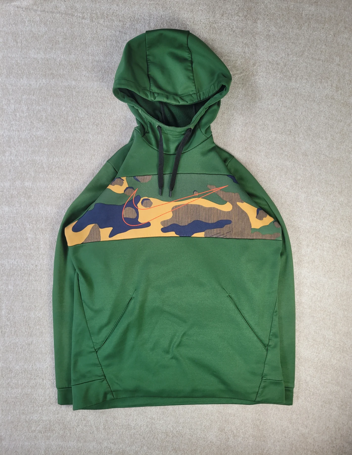 Nike Hoodie Mens Size Medium Dri Fit Polyester Pullover Dark Green Camo Swoosh