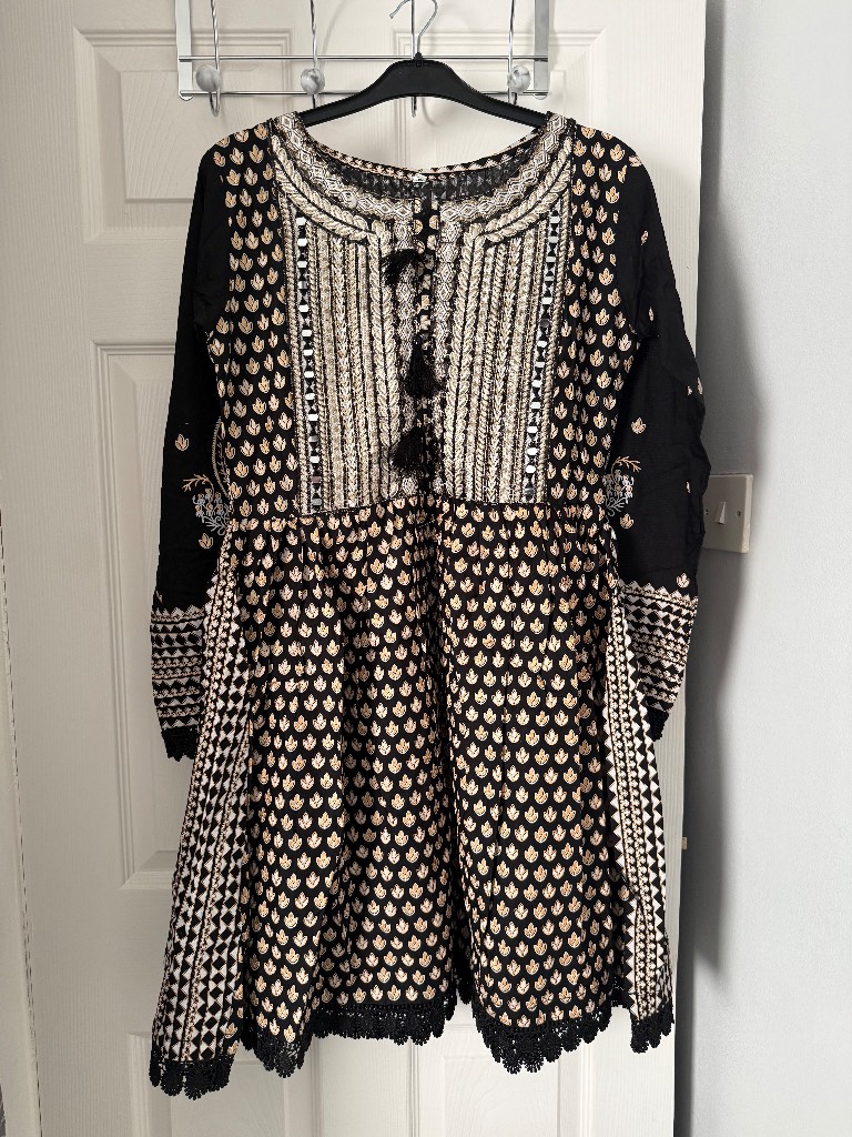 Boho-Style Black & Beige Embroidered Dress