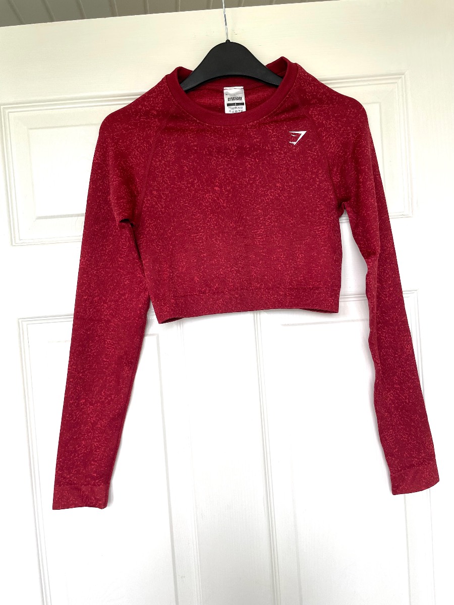 GYMSHARK Burgundy Red Adapt Fleck Seamless Long Sleeve Crop Top Gym Training S