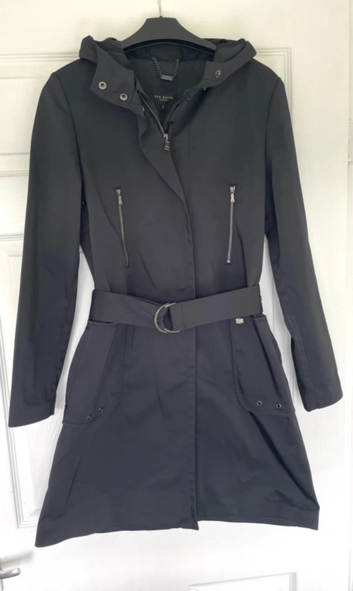 Ted Baker Black Belted Raincoat Trench Coat Size 2 UK 10 Hooded