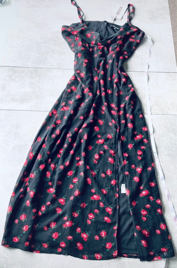 MISSGUIDED Black Floral Cowl Neck Slip Split Midi Dress UK 8