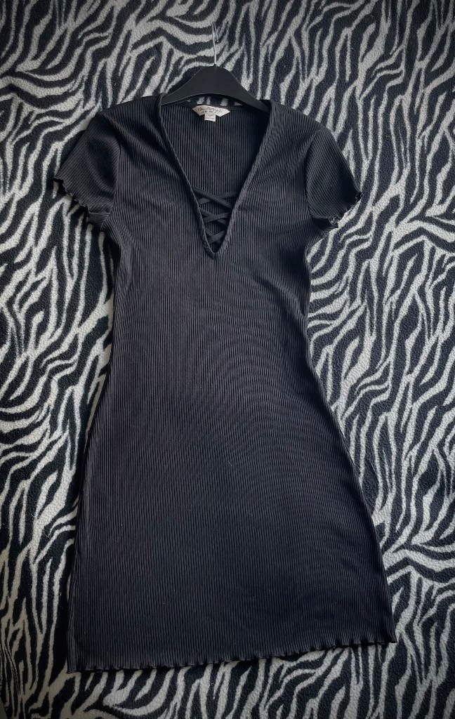 Miss Selfridge Black Ribbed Bodycon V Neck Lace Up Frill Mini Dress UK 10