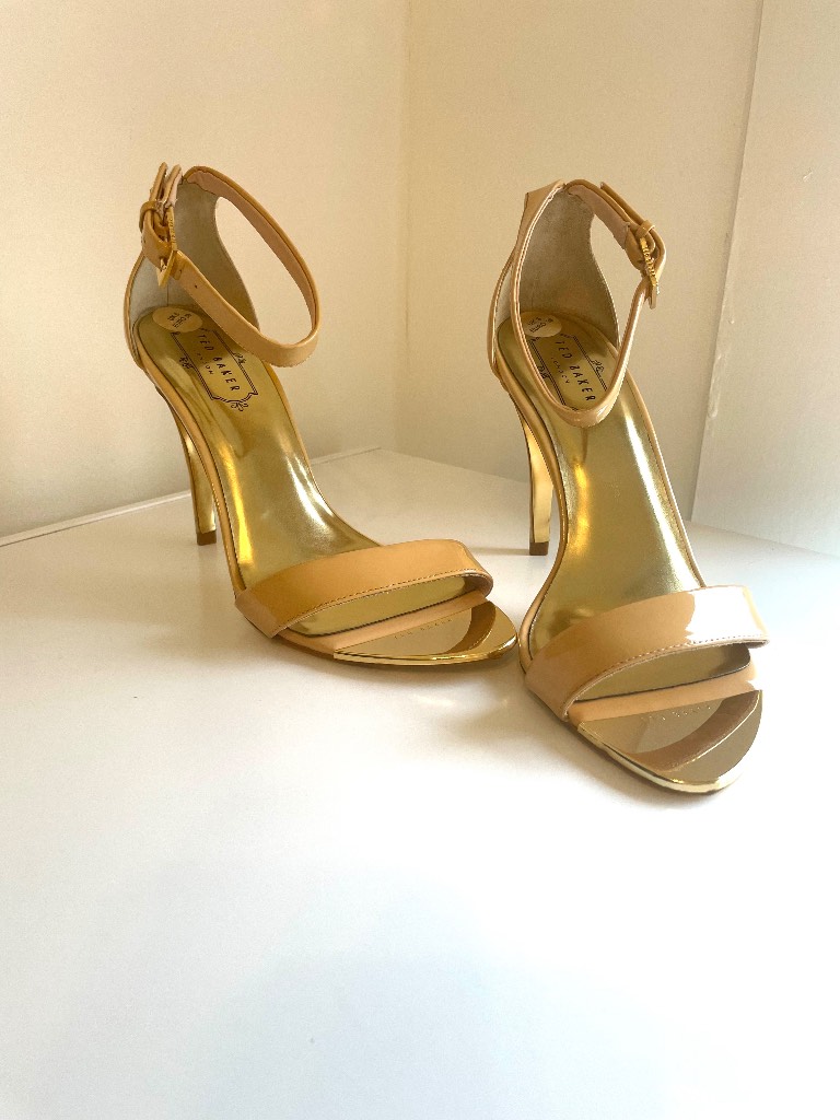 Ted Baker Beige Gold Ankle Strap Open Toe Heel Sandals UK 5 EUR 38