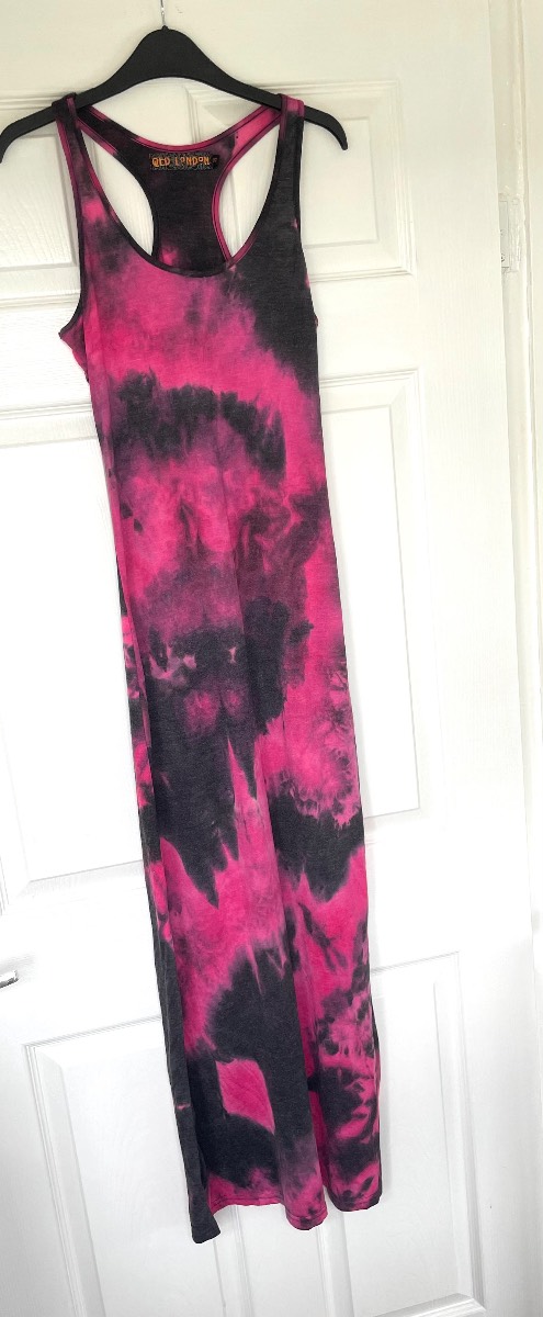 QED London Pink Black Tie Dye Maxi Dress UK10 Racer Back