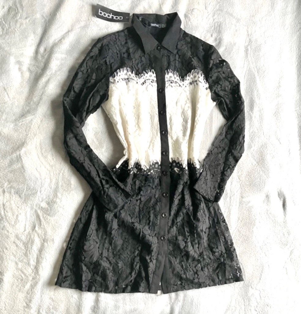 Boohoo Black & White Lace Button-Up Collared Shirt Dress UK 10