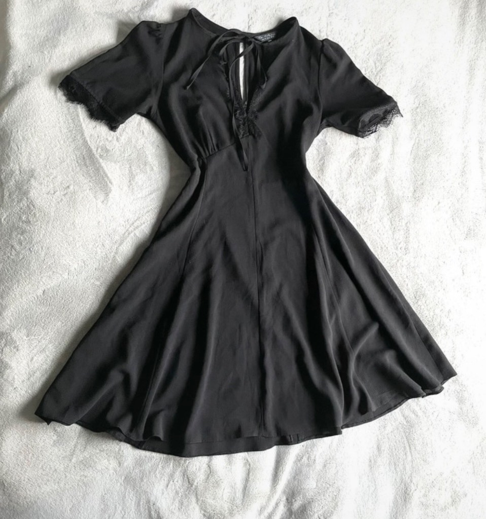 Miss Selfridge Women's Black Keyhole Tie Neck Mini Dress UK 10 With Lace Detail