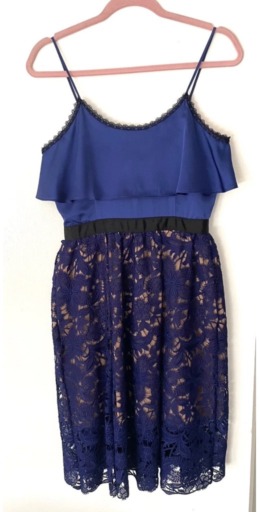 SELF-PORTRAIT Delphinium Blue Satin Lace Dress UK10 Special Occasion