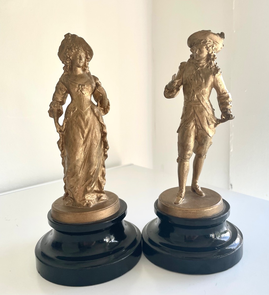 Vintage Pair of 18th Century Style Couple Figurines - Gold Finish on Black Base