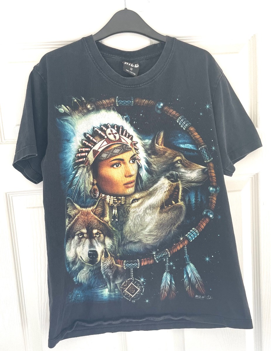 WILD Wolf Native American Red Indian Biker T- Shirt Front & Back Print M
