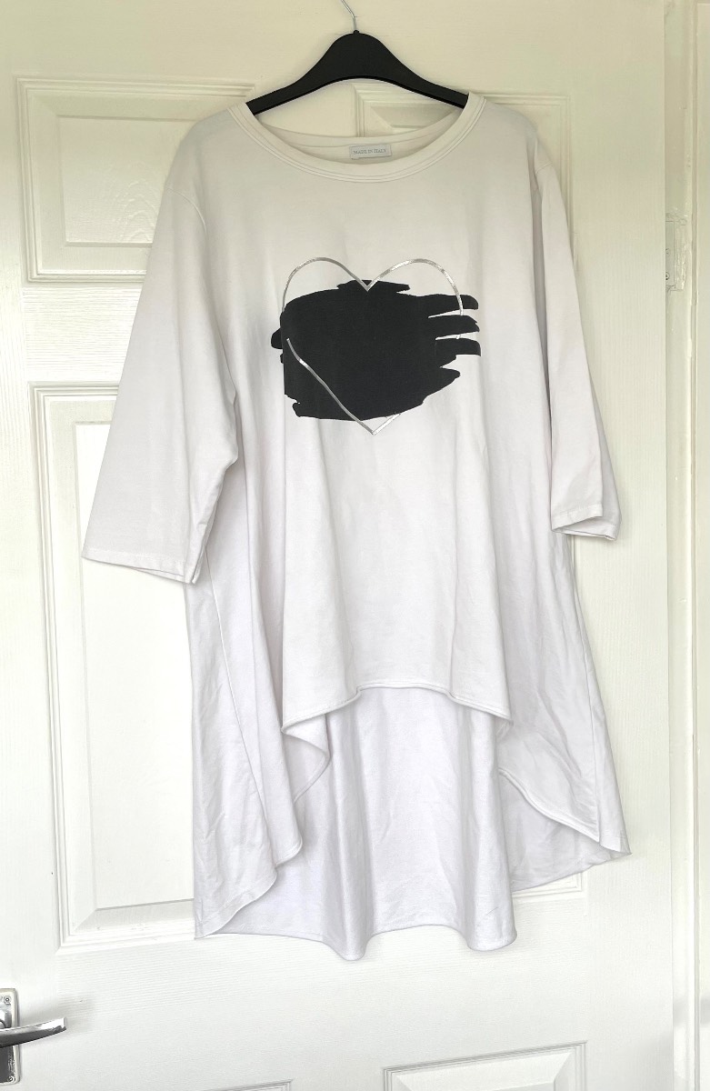 Made in Italy White Oversized Heart Tunic Top High-Low Blouse One Size 12-16
