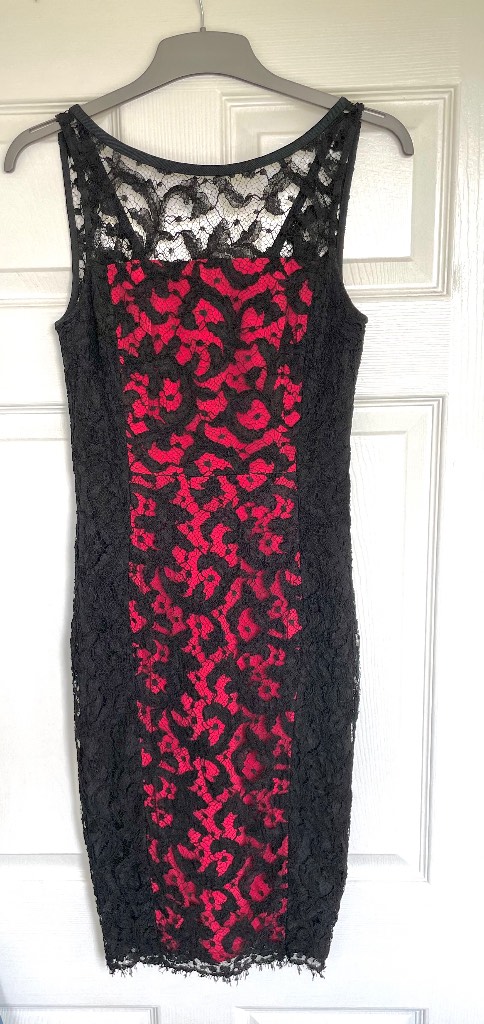Karen Millen Black Red Lace Bodycon Midi Dress UK 10 Special Occasion