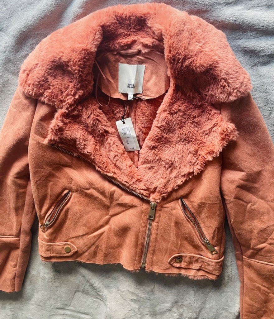 River Island coral faux suede fur lined biker jacket 10
