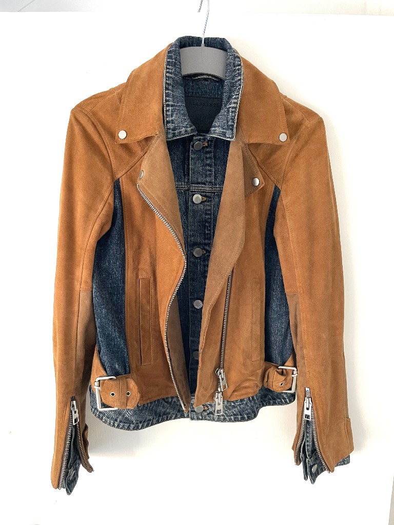 All Saints Y2K Suede Denim Biker Jacket Goat Leather UK10