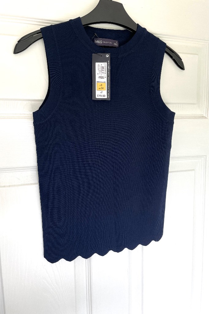 M&S Navy Ribbed Bodycon Sleeveless Top Viscose Blend Stretch Knit Size XS