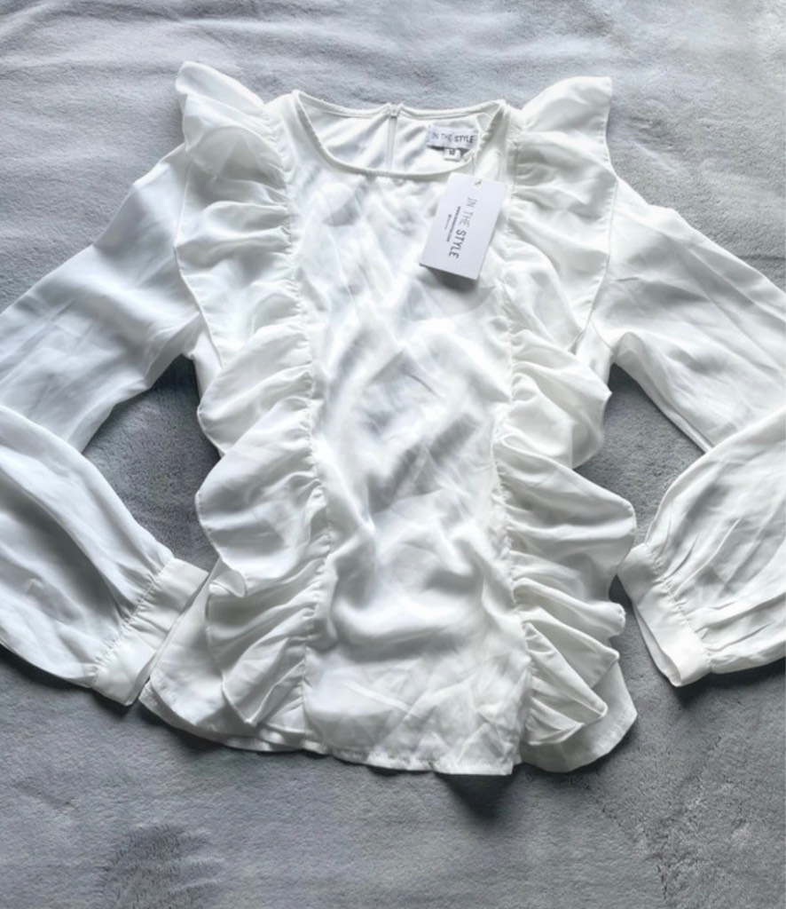 In The Style Women’s White Front Frill Long Sleeve Blouse Size 10