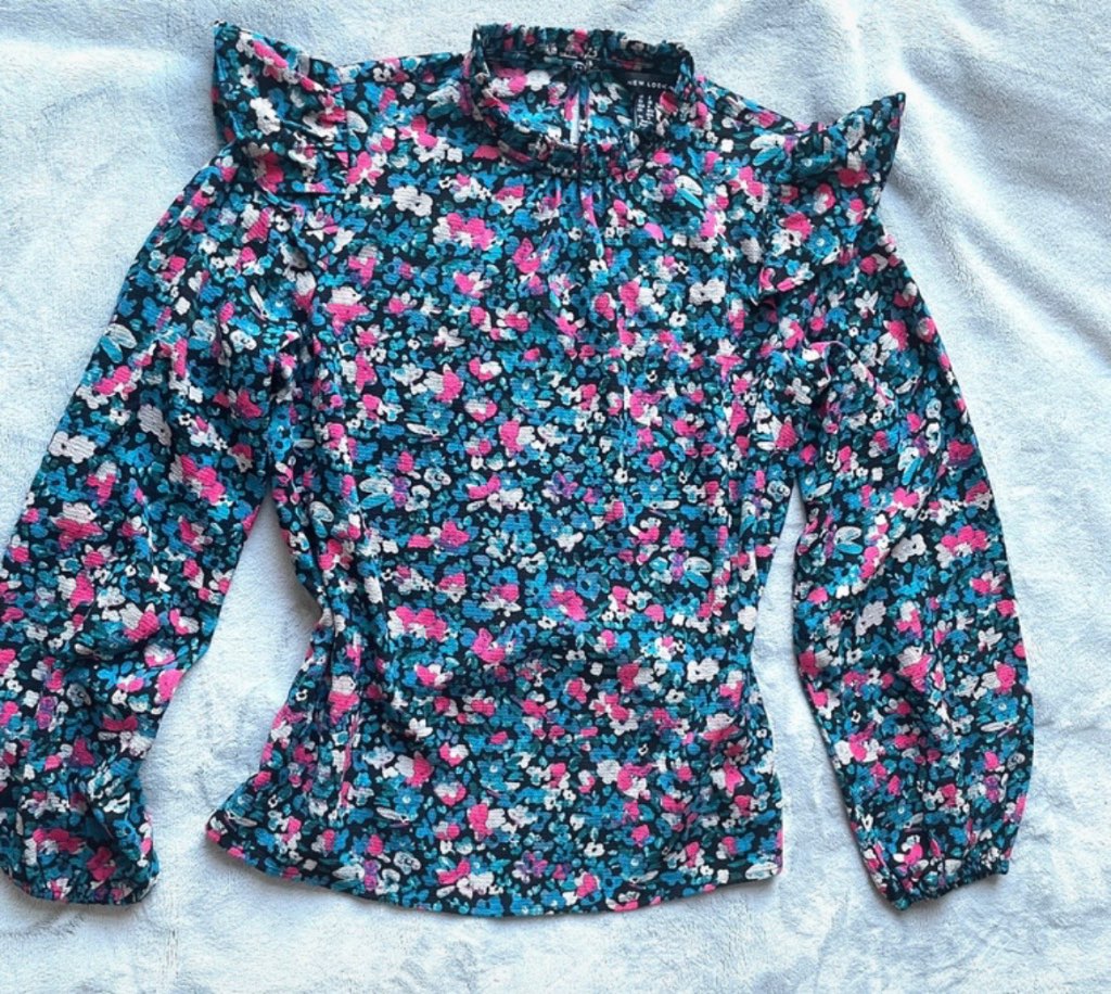 New Look blue floral frill shoulder blouse 8