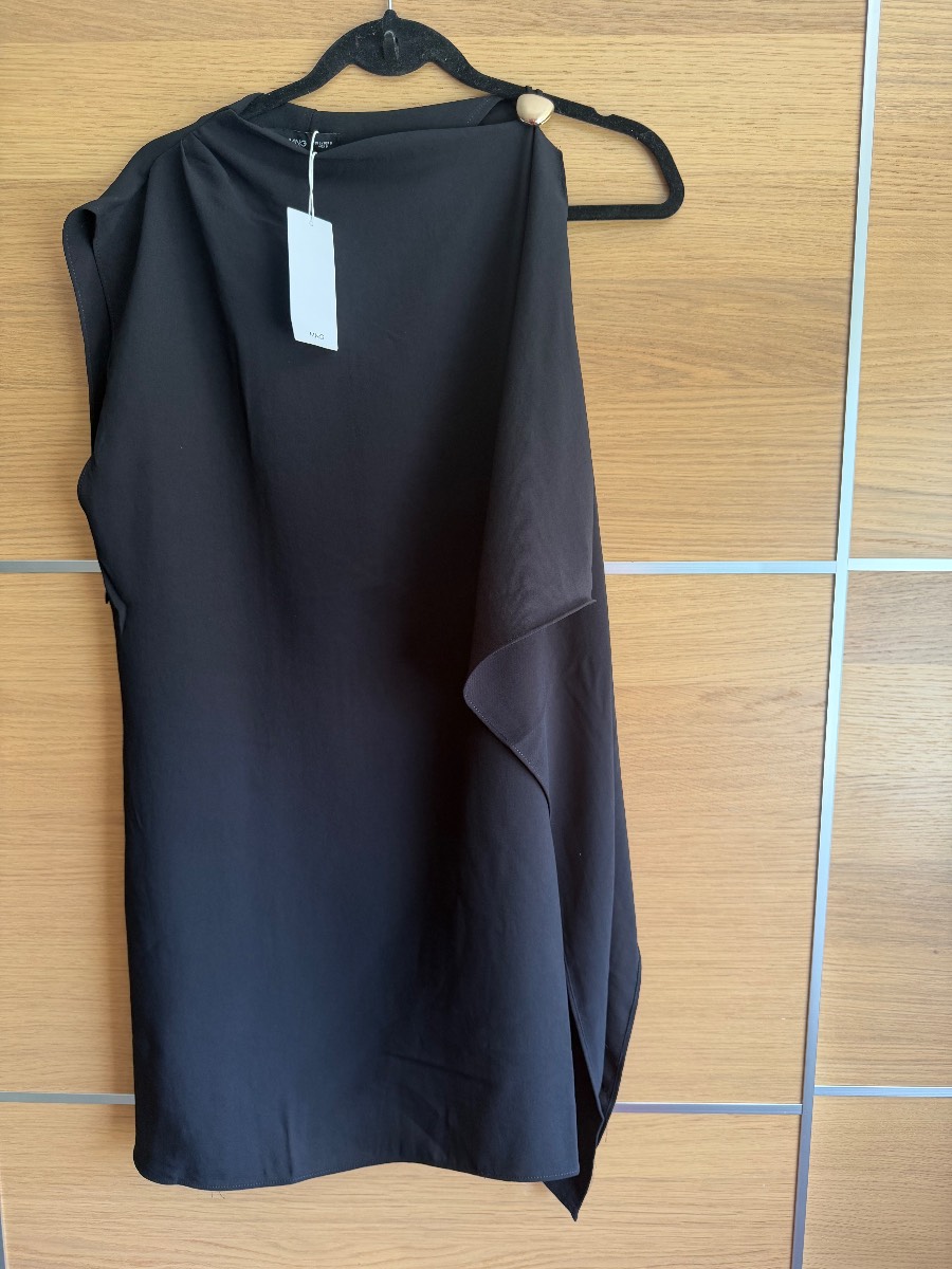 Mango Size L Uk 12 Black Short Asymmetrical Sleeve Dress Gold Button Evening